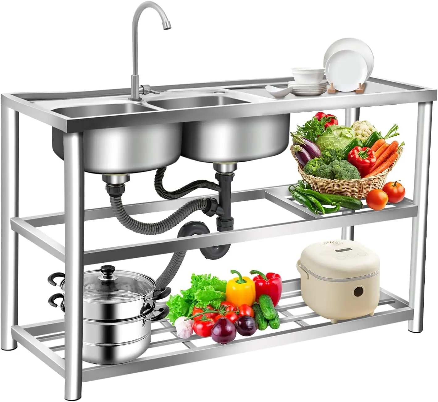 Commercial Kitchen Set - Трехъярусная отдельностоящая мойка из нержавеющей стали,
